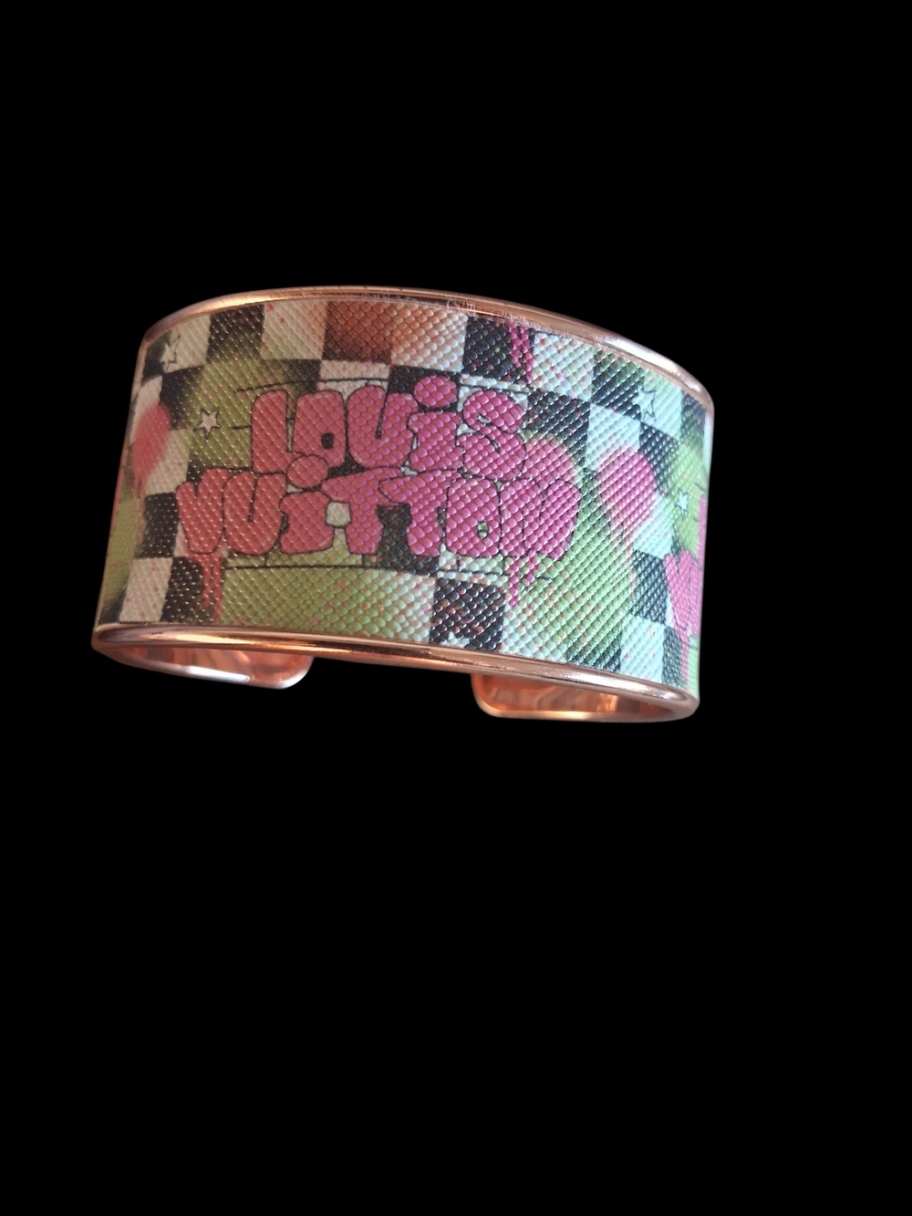 LV Monogram Logo Pink & Green Checkered Logo Cuff Bracelet